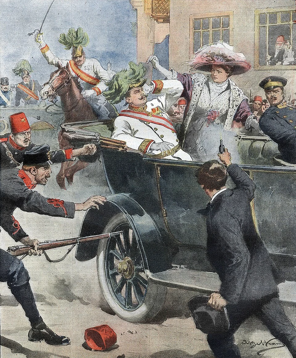 Убийство Франца Фердинанда в Сараево, повод к началу Первой мировой войны.
