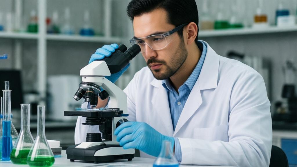 Учёный проводит laboratory experiment в современной лаборатории.