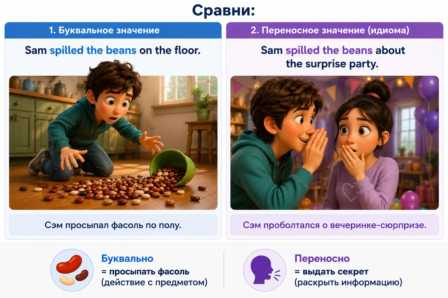 Идиома spill the beans в буквальном и переносном значении для подготовки к ЕГЭ.