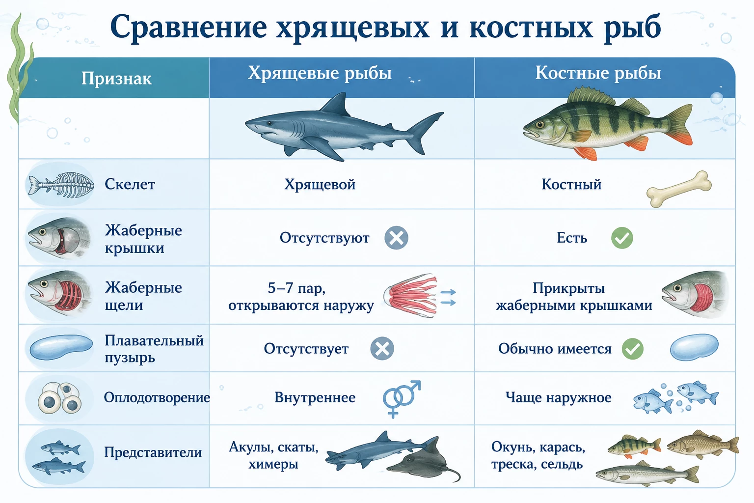 Схема сравнения хрящевых и костных рыб по жабрам, скелету и плавательному пузырю.