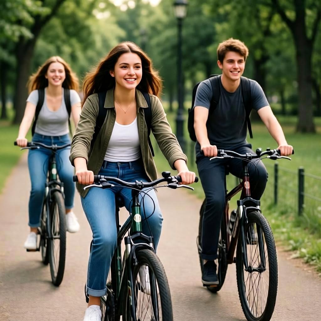 Друзья катаются на велосипедах в парке как пример outdoor pursuits и leisure activities.