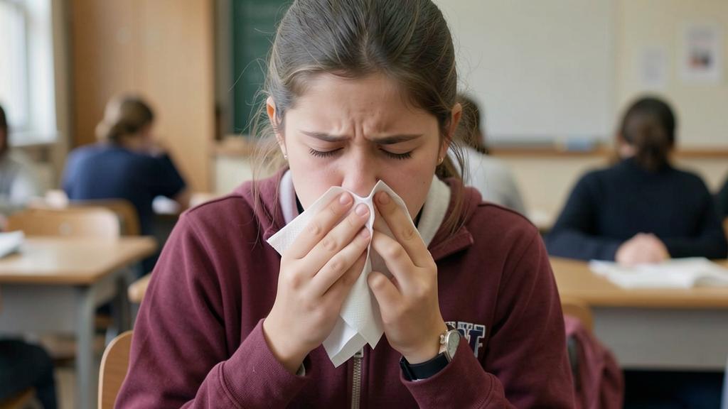 Подросток с простудой, sore throat и runny nose.