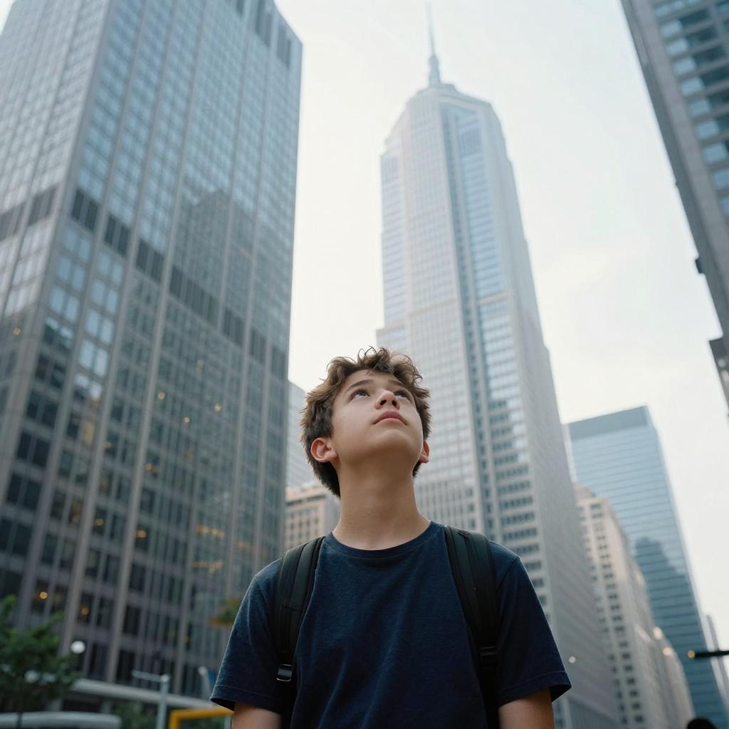 Подросток смотрит на skyscrapers в business district большого города.