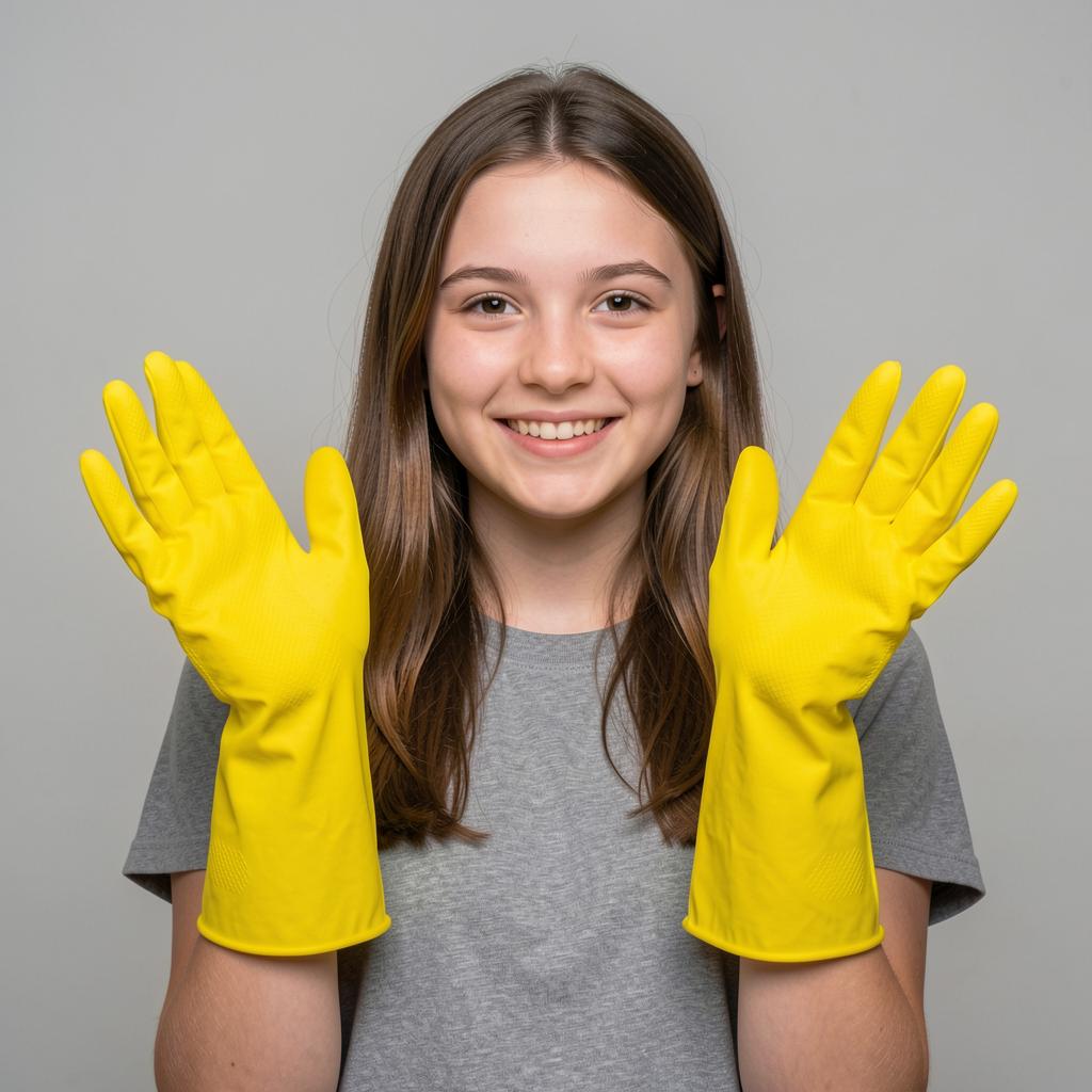 Подросток в перчатках готовится tidy up и выполнять домашние обязанности.