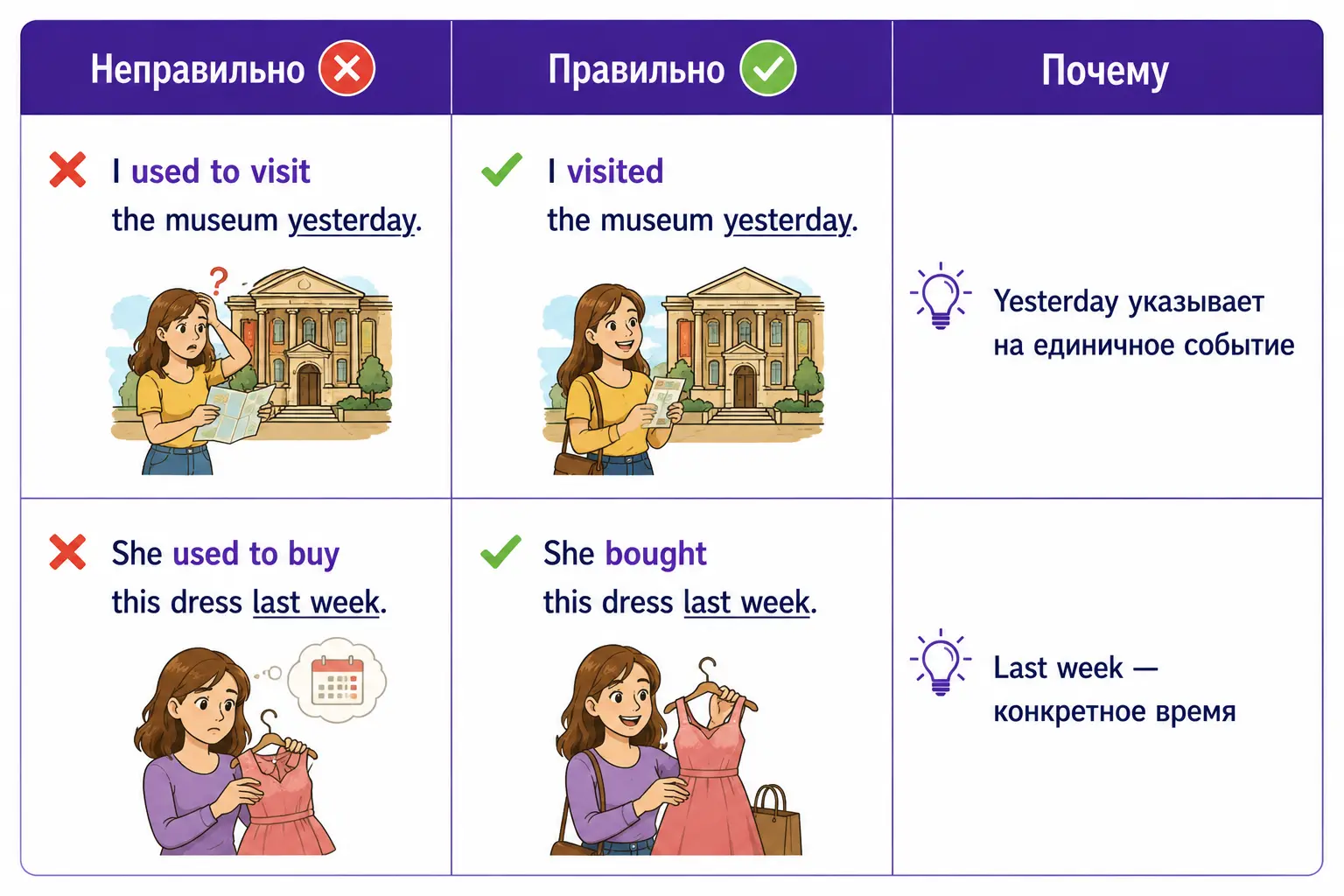 Правило: used to описывает прошлые привычки и состояния, но не однократные события