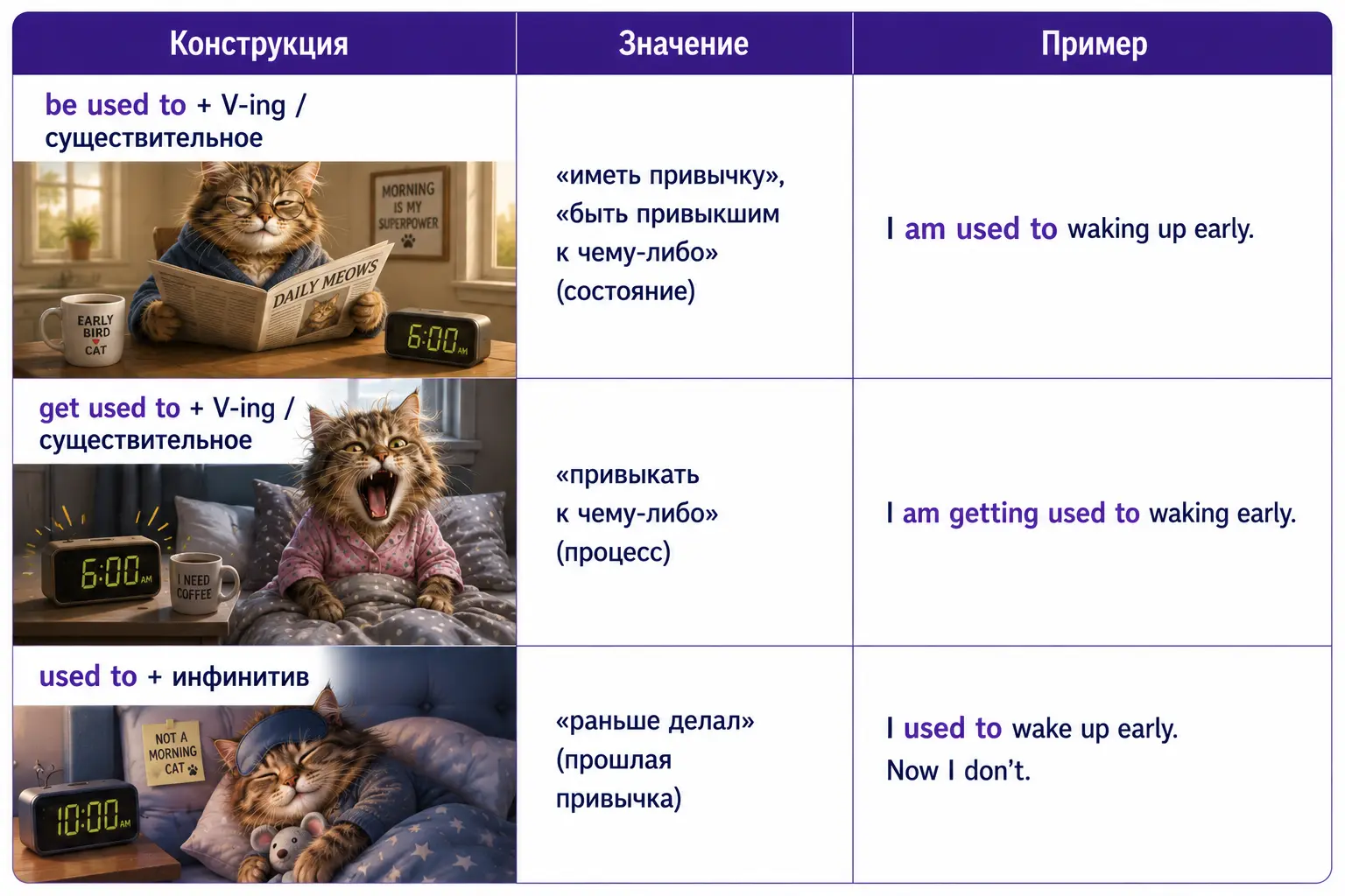 Сравнение конструкций be used to и get used to с разным значением привычки