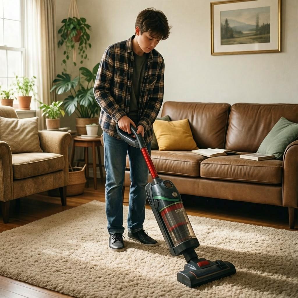 Подросток пылесосит пол дома, выполняя household chores и уборку.