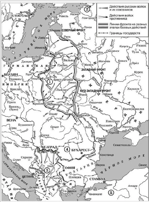 Карта Великого отступления русской армии в 1915 году на Восточном фронте.