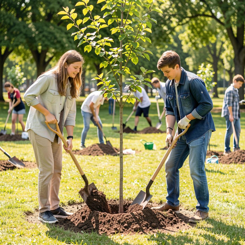 Волонтёры сажают деревья в парке, участвуя в community service и environmental protection.