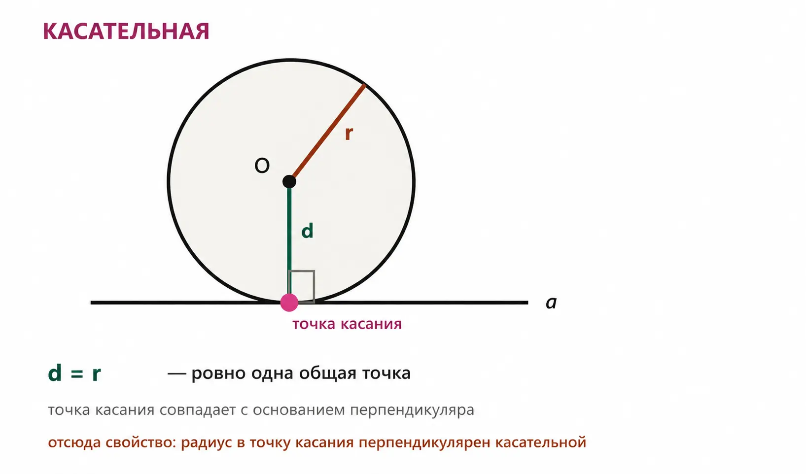 Касательная прямая имеет с окружностью одну общую точку.