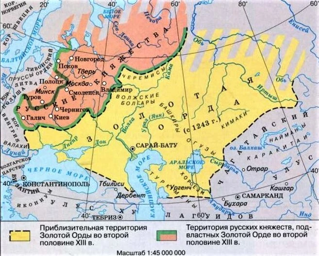 Карта территории Золотой Орды, основанной Батыем после монгольских завоеваний.